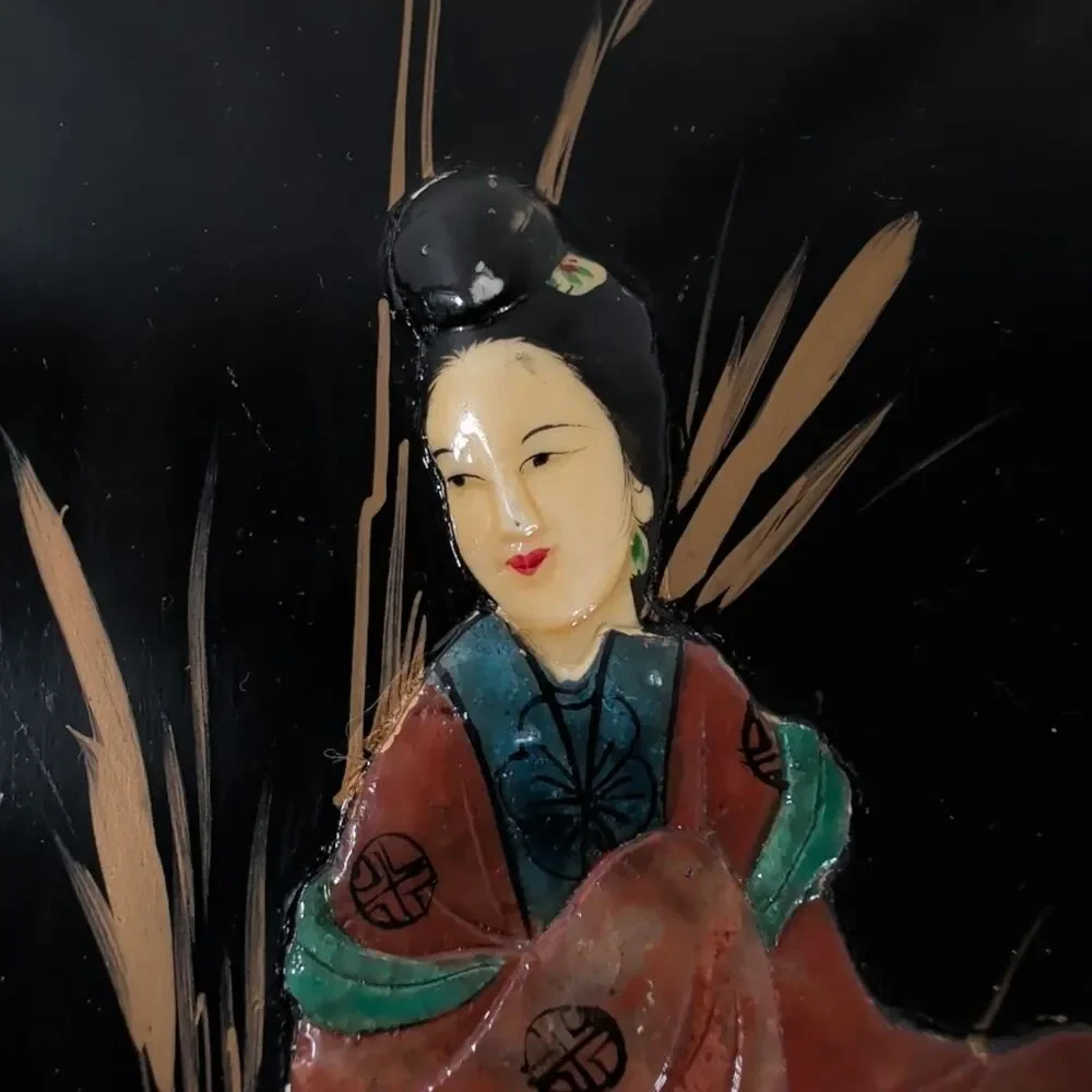 Vintage Asian Lacquer Geisha Wall Plaque Raised Relief Black Gold Hanging Decor